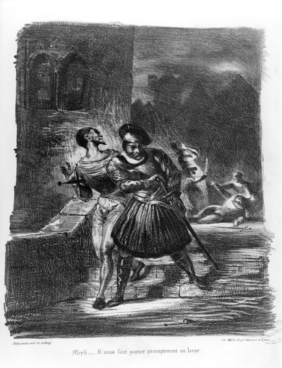 Mefistofeles ja Faust pakenevat Ystävänpäivän kuoleman jälkeen, Goethen Faustista, 1828, (kuva), (bw kuva litografiasta) tekijältä Ferdinand Victor Eugene Delacroix