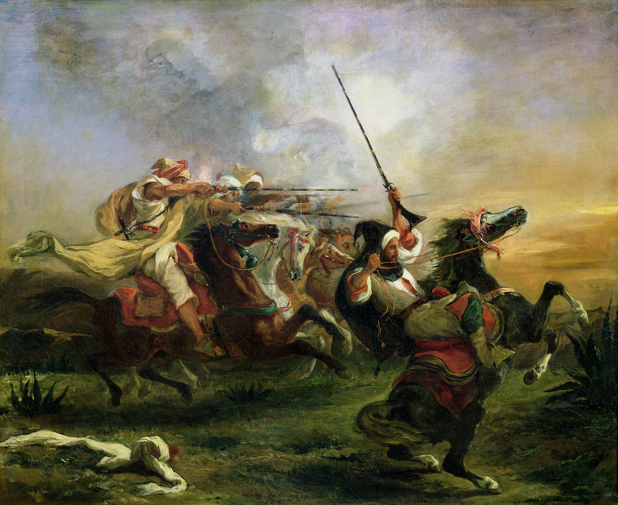 Marokkolaisia ratsumiehiä sotatoimissa, 1832 tekijältä Ferdinand Victor Eugene Delacroix