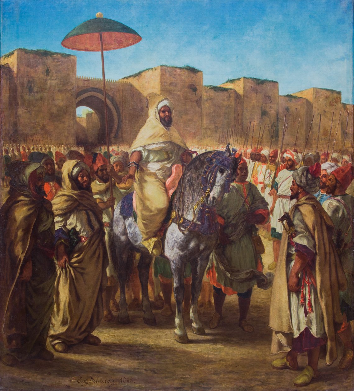 Moulay Abd-er-Rahman, Marokon sulttaani, poistumassa palatsistaan Meknesissä vartijansa ja tärkeimpien upseeriensa ympäröimänä, 1845 (öljy kankaalle). tekijältä Ferdinand Victor Eugene Delacroix