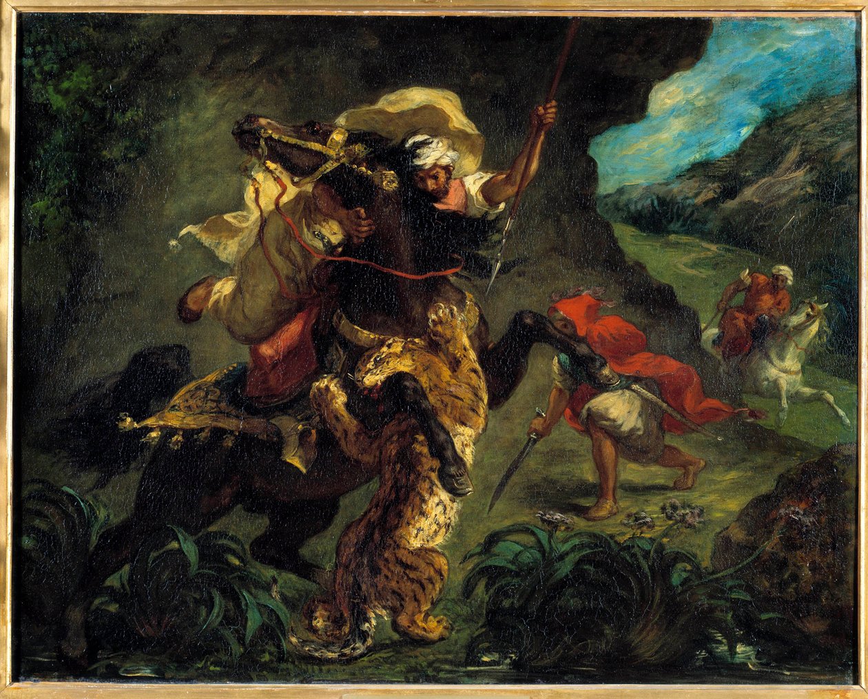 Orientalismi: "" Tiikerin metsästys"" Eugene Delacroixin (1798-1863) maalaus 1854 su. 0,73x0,92 m Pariisi, musee d