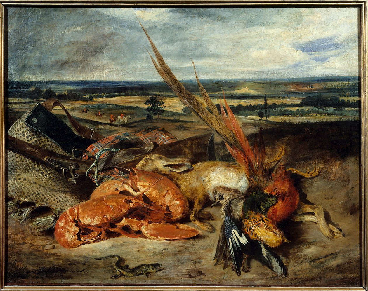 Asetelmamaalaus hummerilla ja metsästys- ja kalastuspalkinnot Eugene Delacroix