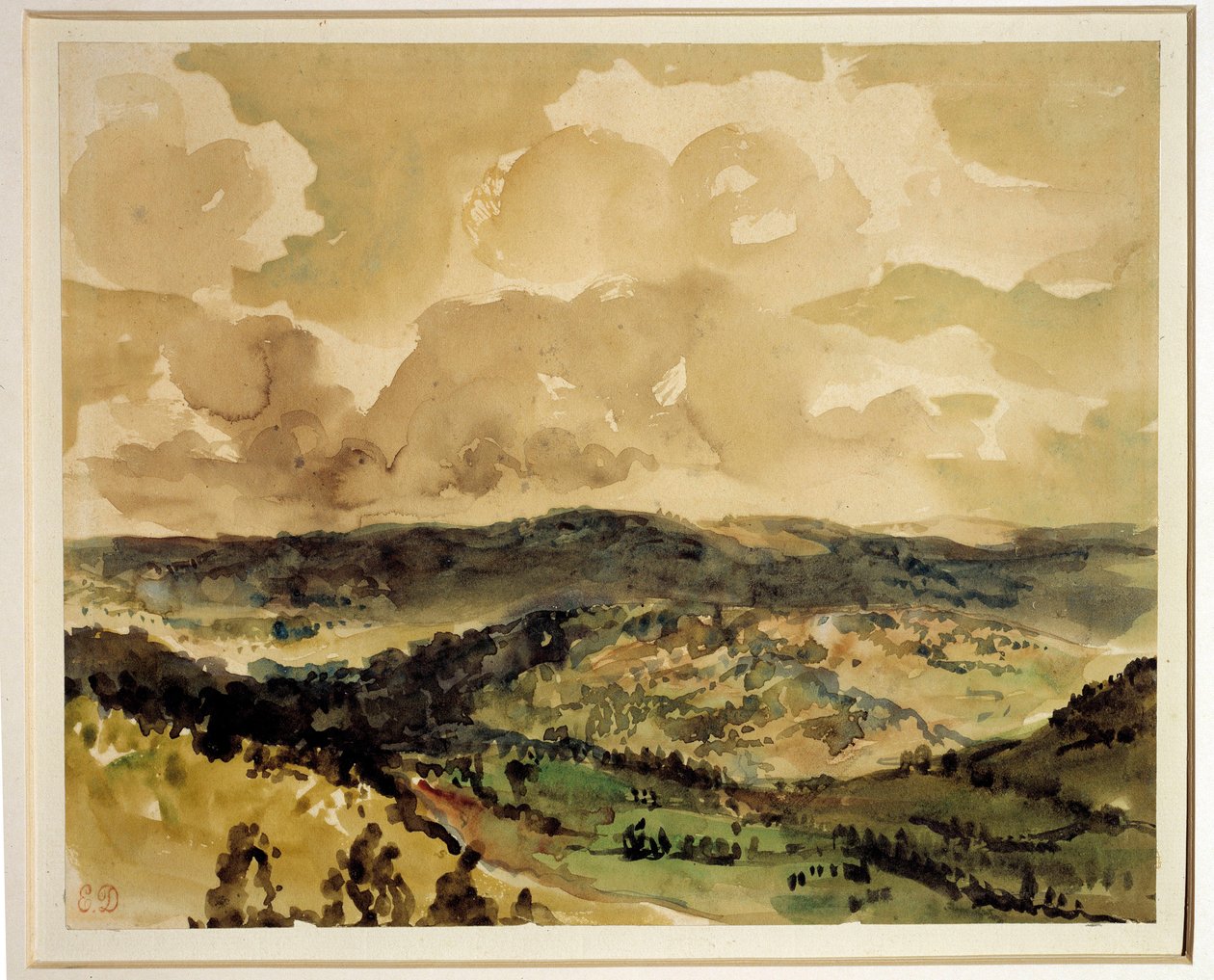 Panoraamanäkymä metsäisille kukkuloille ympärillä Crozen akvarelli Eugene Delacroix (1798-1863) Noin 1855 Sun. 0,21 x 0,26 m Pariisi. Louvren taidemuseo tekijältä Ferdinand Victor Eugene Delacroix