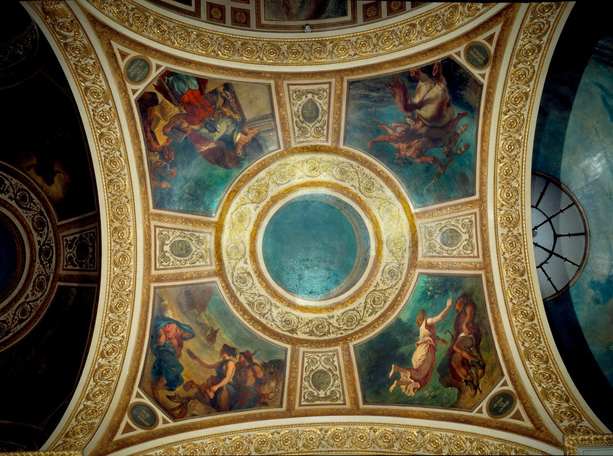 Runo: Ovidius barbaarien joukossa, Aleksanteri ja Homeren runot, Akhilleuksen, kreikkalaisen runoilijan Hesioden ja museon koulutus"" Eugene Delacroixin (1798-1863) maalaus Kansalliskokouksen kirjaston viidettä kupolia koristamassa, noin 1846 Palais tekijältä Ferdinand Victor Eugene Delacroix