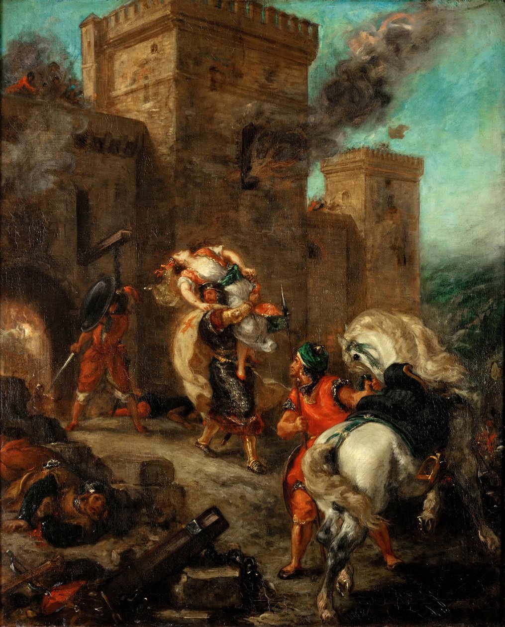 Temppeliritari raiskasi Rebeccan Frondeboeufin linnan ryöstön aikana tekijältä Ferdinand Victor Eugene Delacroix