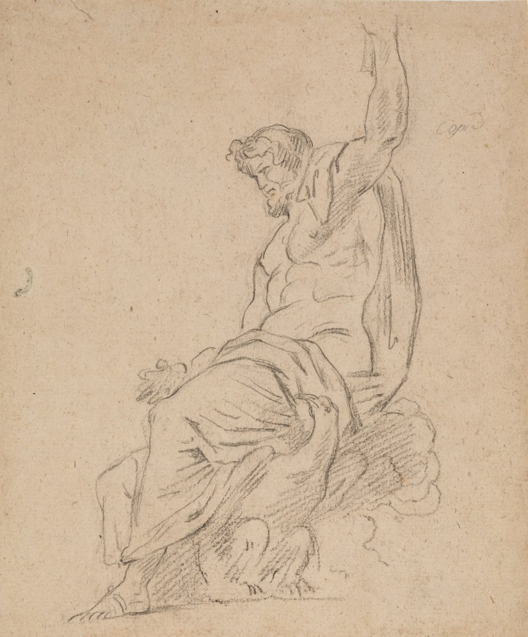 Recto: Istuva mieshahmo, mahdollisesti Jupiter, kotkan päällä, kurkottaa ylös vasemmalla kädellä tekijältä Ferdinand Victor Eugene Delacroix