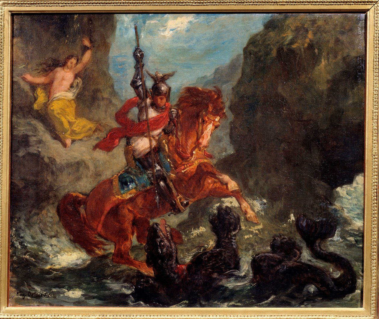 Merirosvojen hirviölle toimittaman Roger delivrant Angeliquen (Angelica) vapauttaa Roger (Ruggero, Ruggiero) ratsastaa hippogriffalla - Kuvitus "The Furious Roland" (Orlando Furioso) Ludovic Ariosto (Arioste) - maalaus Eugene Delacroix ( tekijältä Ferdinand Victor Eugene Delacroix