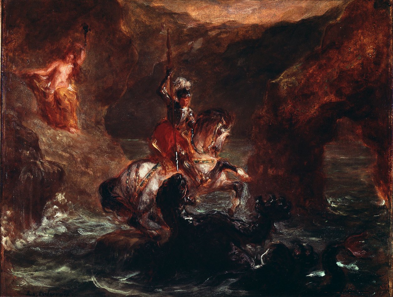 Pyhä Yrjö tappaa lohikäärmeen maalaus Eugene Delacroix (1798-1863) 1847 su. 28x36 cm Pariisi, Musee du Louvre tekijältä Ferdinand Victor Eugene Delacroix