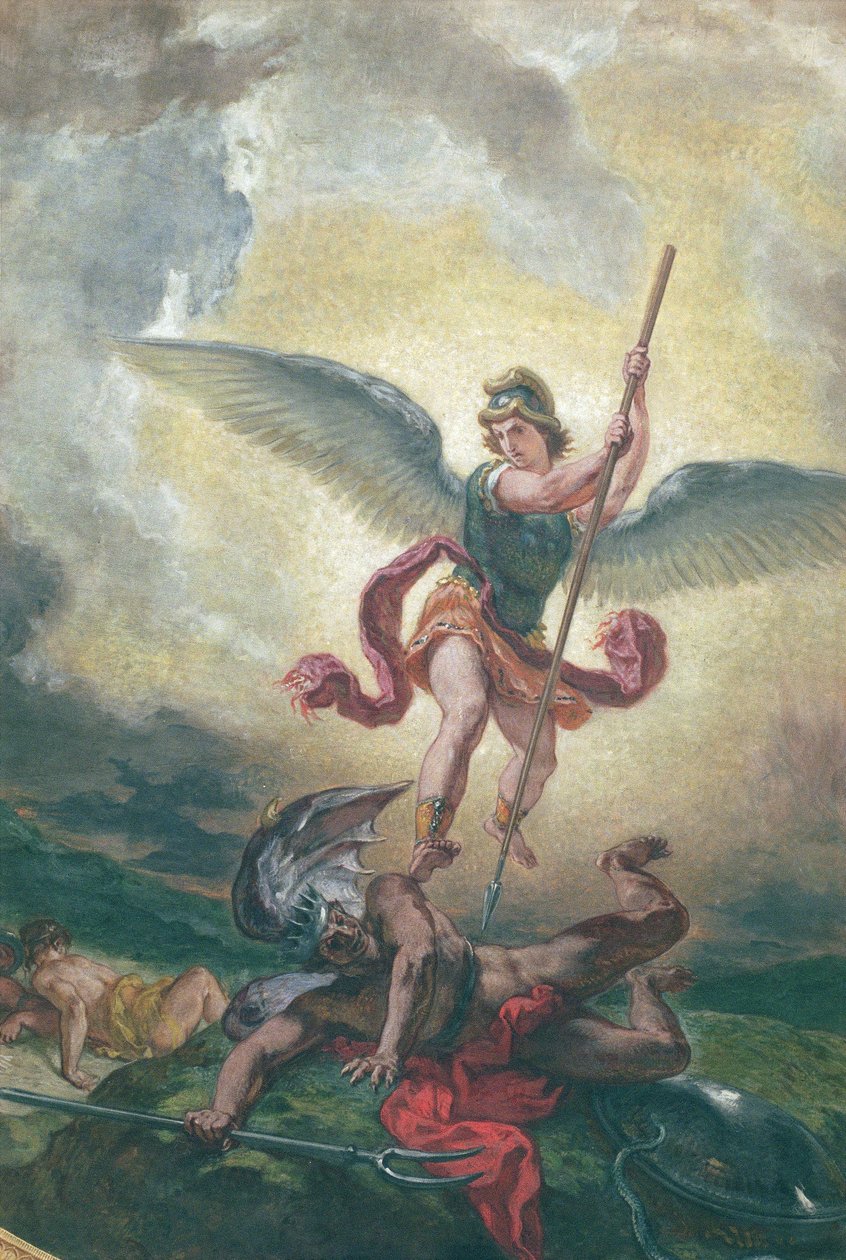 Pyhä Mikael taistelee lohikäärmettä vastaan, yksityiskohta, kappeli des Saints-Anges 1849-1861 (öljyä ja vahaa kipsissä) tekijältä Ferdinand Victor Eugene Delacroix