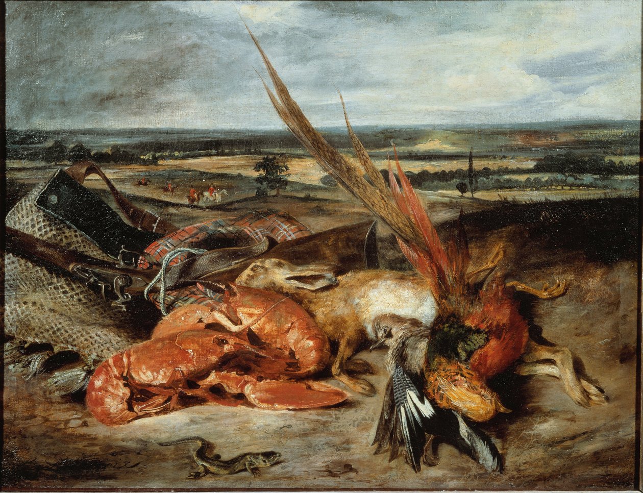 Asetelma hummerien ja metsästyksen ja kalastuksen palkintojen kanssa - öljy kankaalle tekijältä Ferdinand Victor Eugene Delacroix