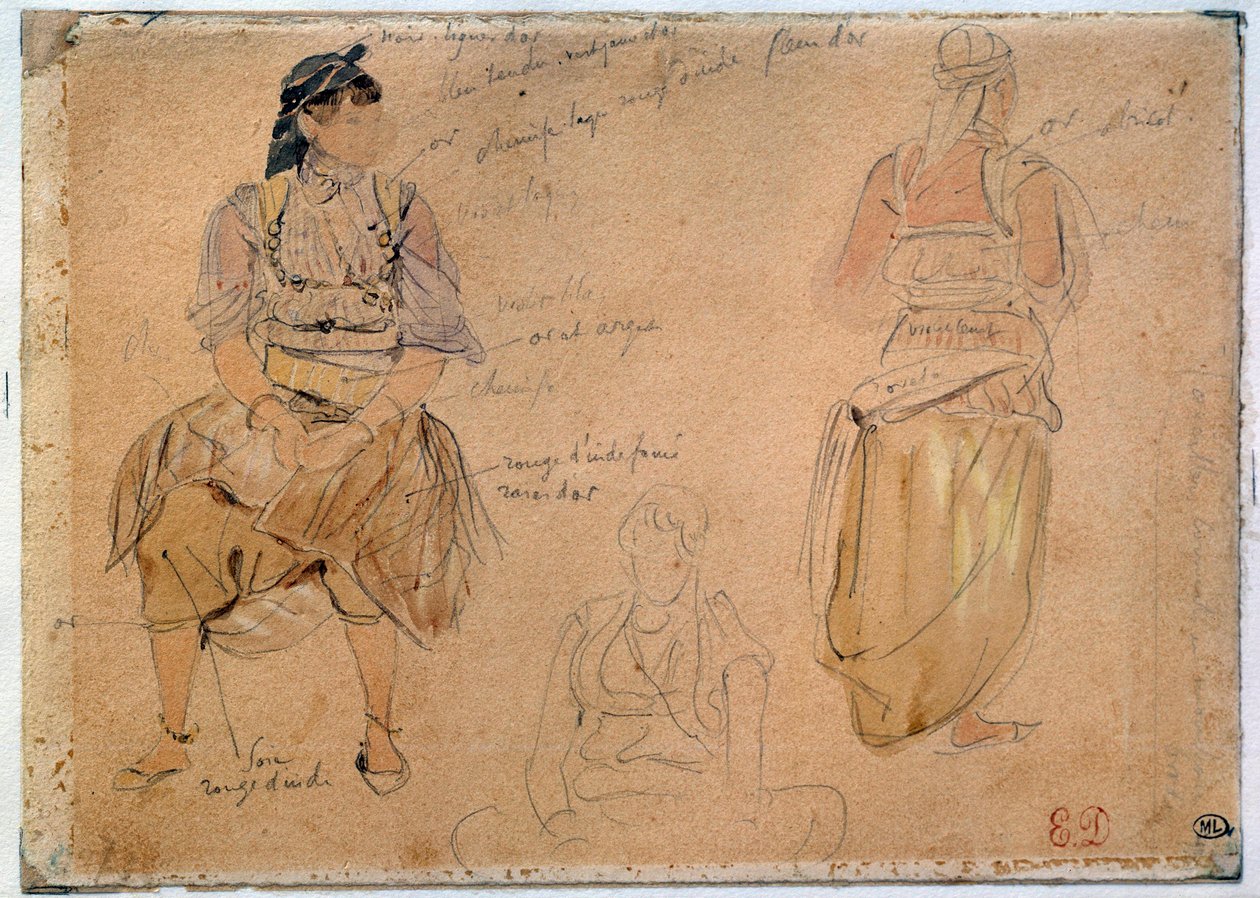 Tutkimuksia arabinaisista lyijykaivoksen piirtäminen akvarelliväreillä Eugene Delacroix (1798-1863) 1832 Pariisi, Louvre-museo tekijältä Ferdinand Victor Eugene Delacroix