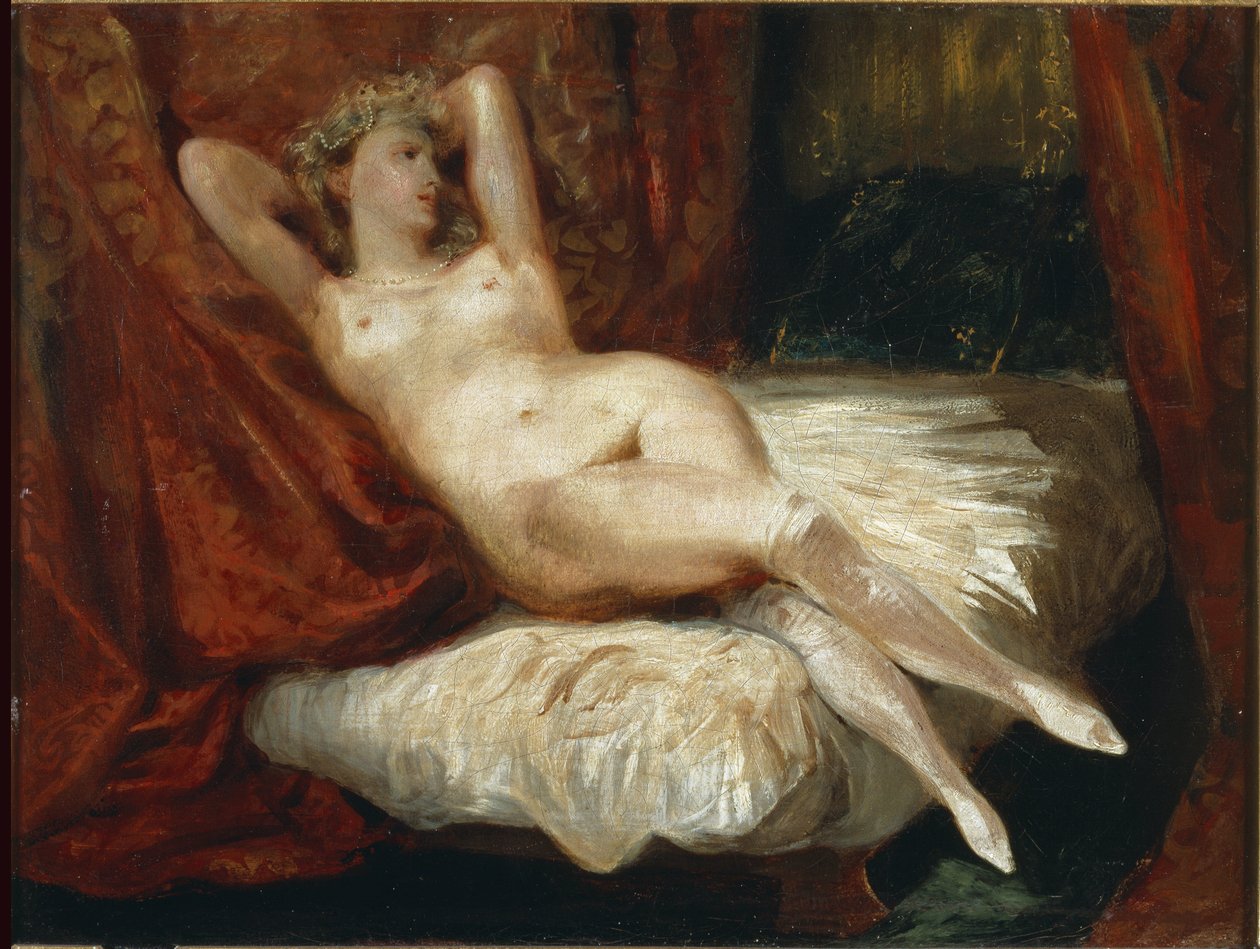 Tutkimus alastomasta naisesta makaamassa sohvalla, sanoi naisen valkoisissa sukkahousuissa - öljy kankaalle tekijältä Ferdinand Victor Eugene Delacroix