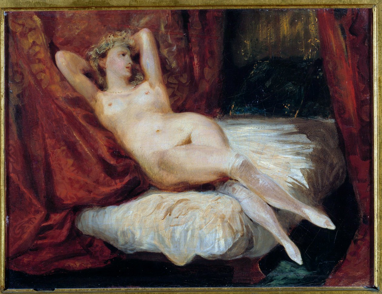 Tutkimus alastomasta naisesta makaamassa sohvalla sanoi, että nainen valkoisilla sukkahousuilla. Eugene Delacroixin maalaus (1798-1863) tekijältä Ferdinand Victor Eugene Delacroix
