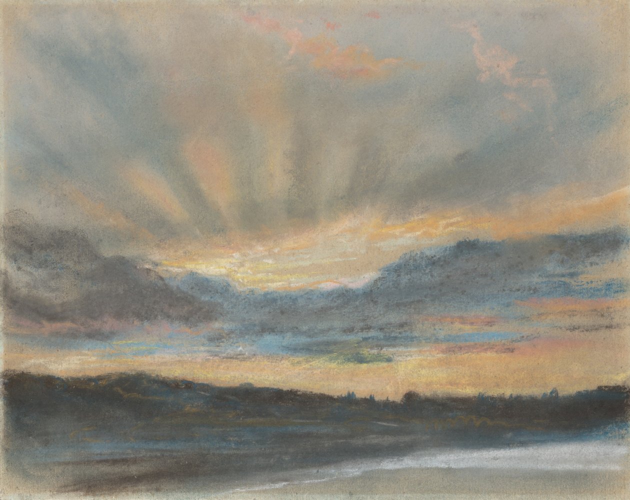Auringonlasku, n. 1850 (pastelli taululle kiinnitettynä paperille) tekijältä Ferdinand Victor Eugene Delacroix
