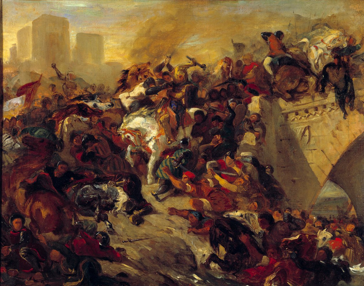 Taillebourgin taistelun voitti Saint Louis 21. heinäkuuta 1242. Taillebourg, strateginen väylä Pohjois-Ranskan ja etelän välillä Charenten yli rakennetun sillan varrella vastustaa Ranskan kuninkaan Saint Louisin ja hänen veljensä kapetian joukkoja. tekijältä Ferdinand Victor Eugene Delacroix