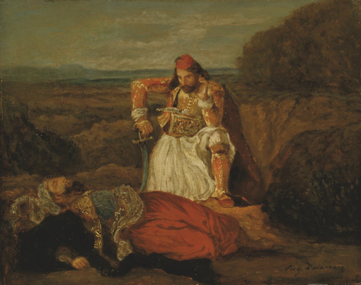 Giaour miettii kuollutta Hassania, n. 1829 (öljy kankaalle) tekijältä Ferdinand Victor Eugene Delacroix
