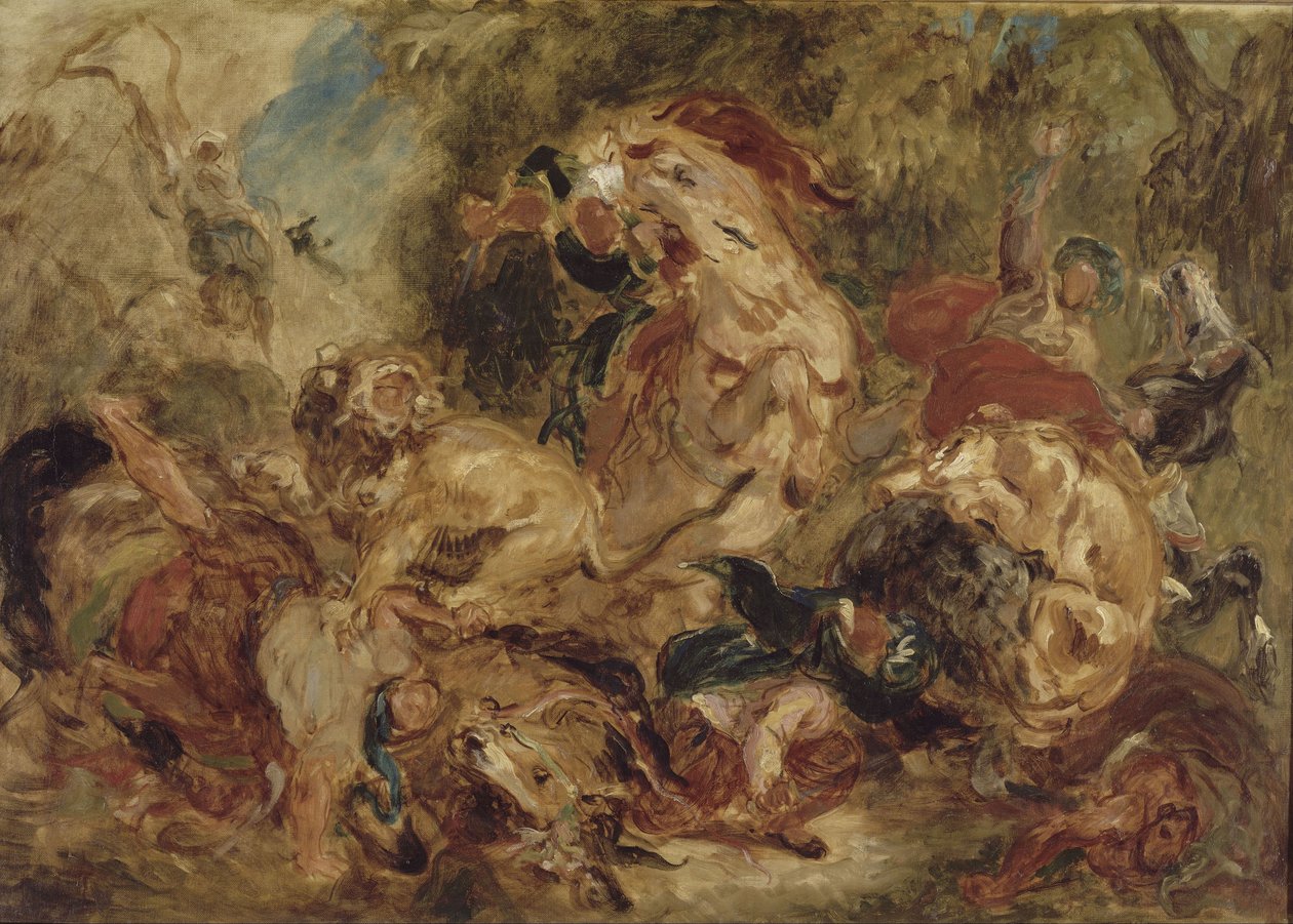 Leijonanmetsästys, noin 1854 tekijältä Ferdinand Victor Eugene Delacroix