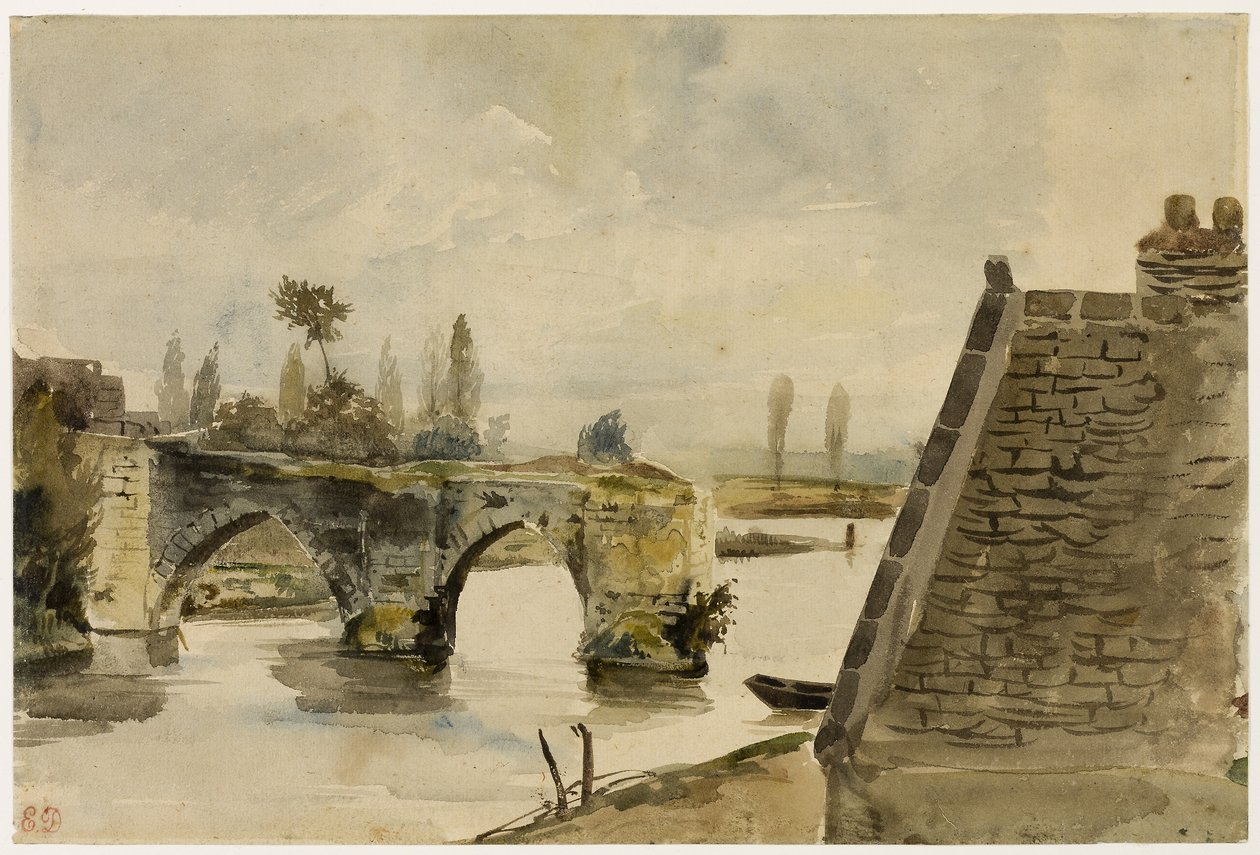 Nantesin vanha silta, n.1827 (akvarelli kermanväriselle vellapaperille). tekijältä Ferdinand Victor Eugene Delacroix