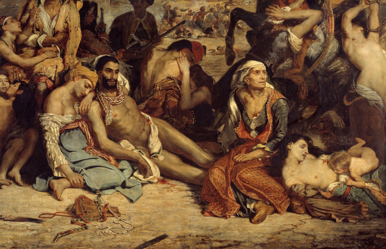 Scion verilöylyt. Kohtaus, joka kuvaa Kreikan vapaussotaa ottomaaneja vastaan: Kreikan siviilit odottavat kuolemaa tai orjuutta. Yksityiskohta. Eugene Delacroix (1798-1863) maalaus tekijältä Ferdinand Victor Eugene Delacroix