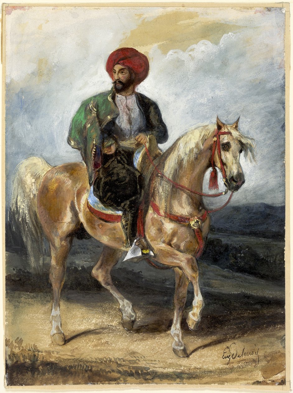 Turkkilainen ratsastaja, noin 1834 (guassi ja akvarelli paperille). tekijältä Ferdinand Victor Eugene Delacroix