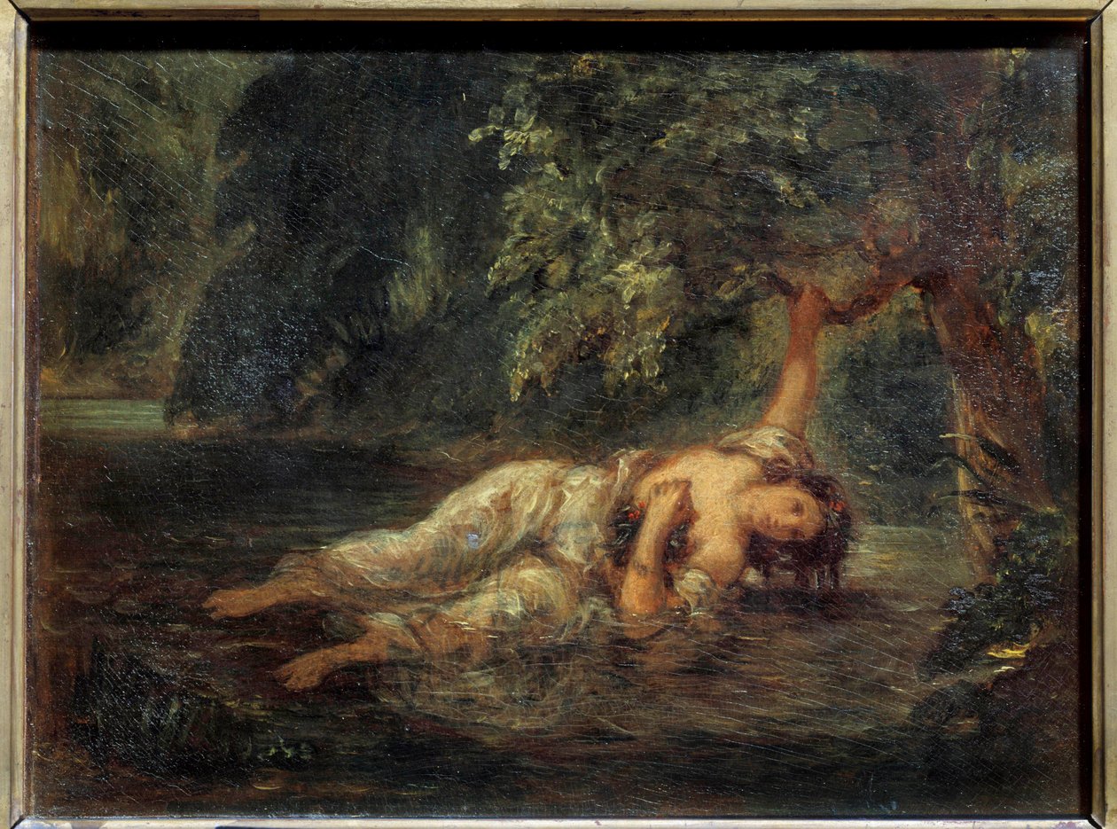Ophelie Illustrationin kuolema William Shakespearen "Hamletille". Eugene Delacroixin (1798-1863) maalaus Sun. 0,23x0,3 m tekijältä Ferdinand Victor Eugene Delacroix
