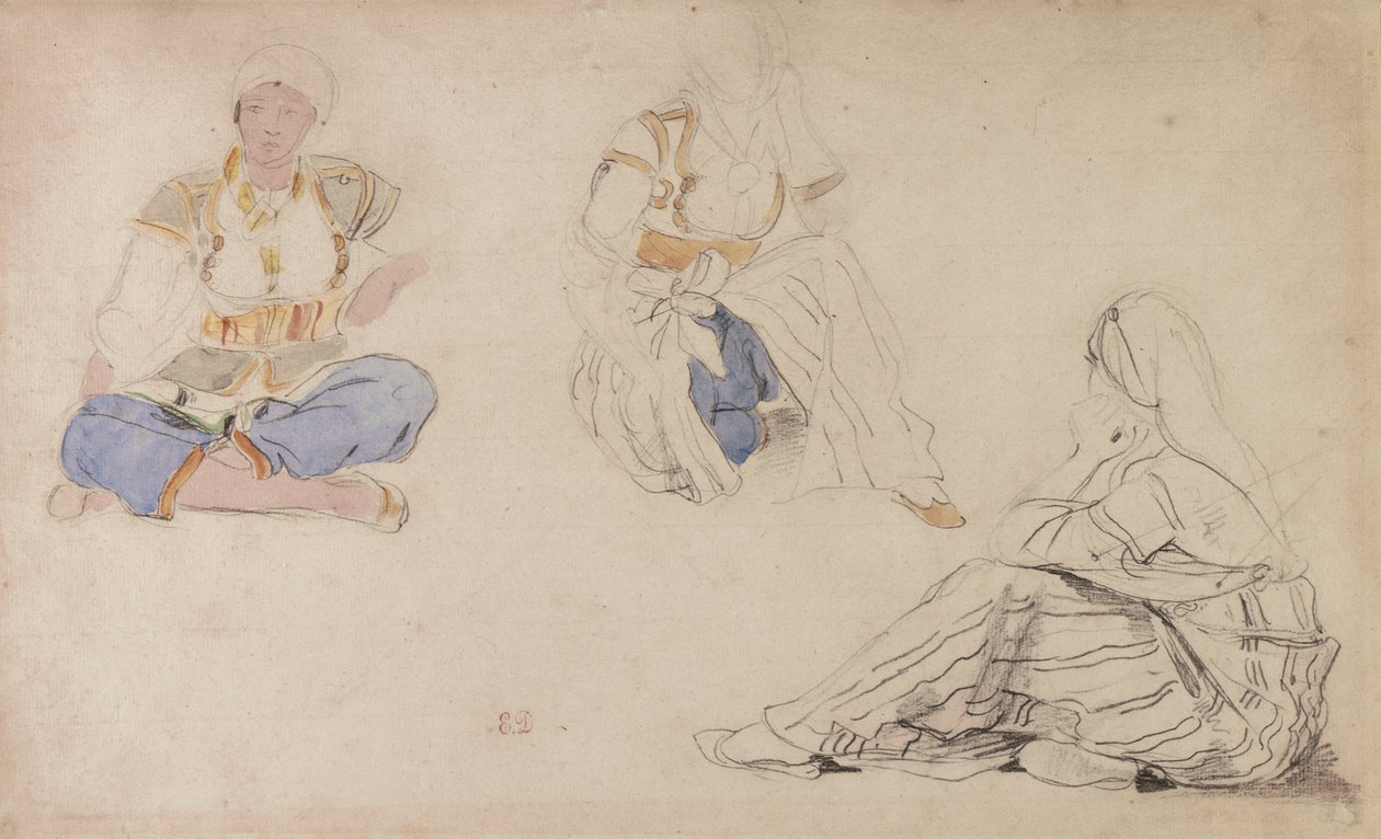 Kolme tutkimusta istuvasta marokkolaisesta tytöstä (musta lyijy ja akvarelli paperilla) tekijältä Ferdinand Victor Eugene Delacroix