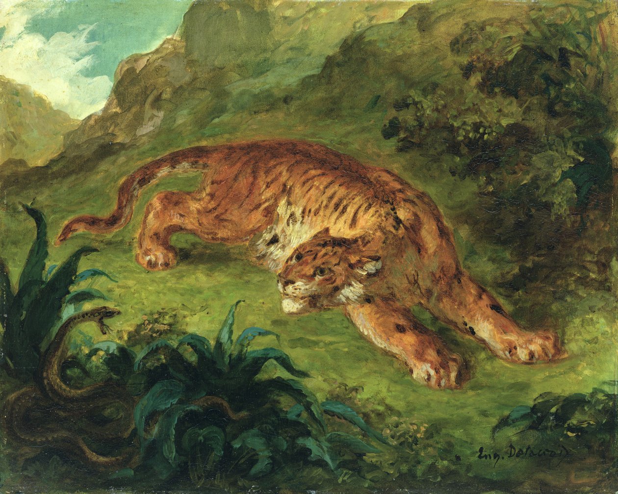 Tiger and Snake, 1858 (öljy paperille asennettuna paneeliin) tekijältä Ferdinand Victor Eugene Delacroix