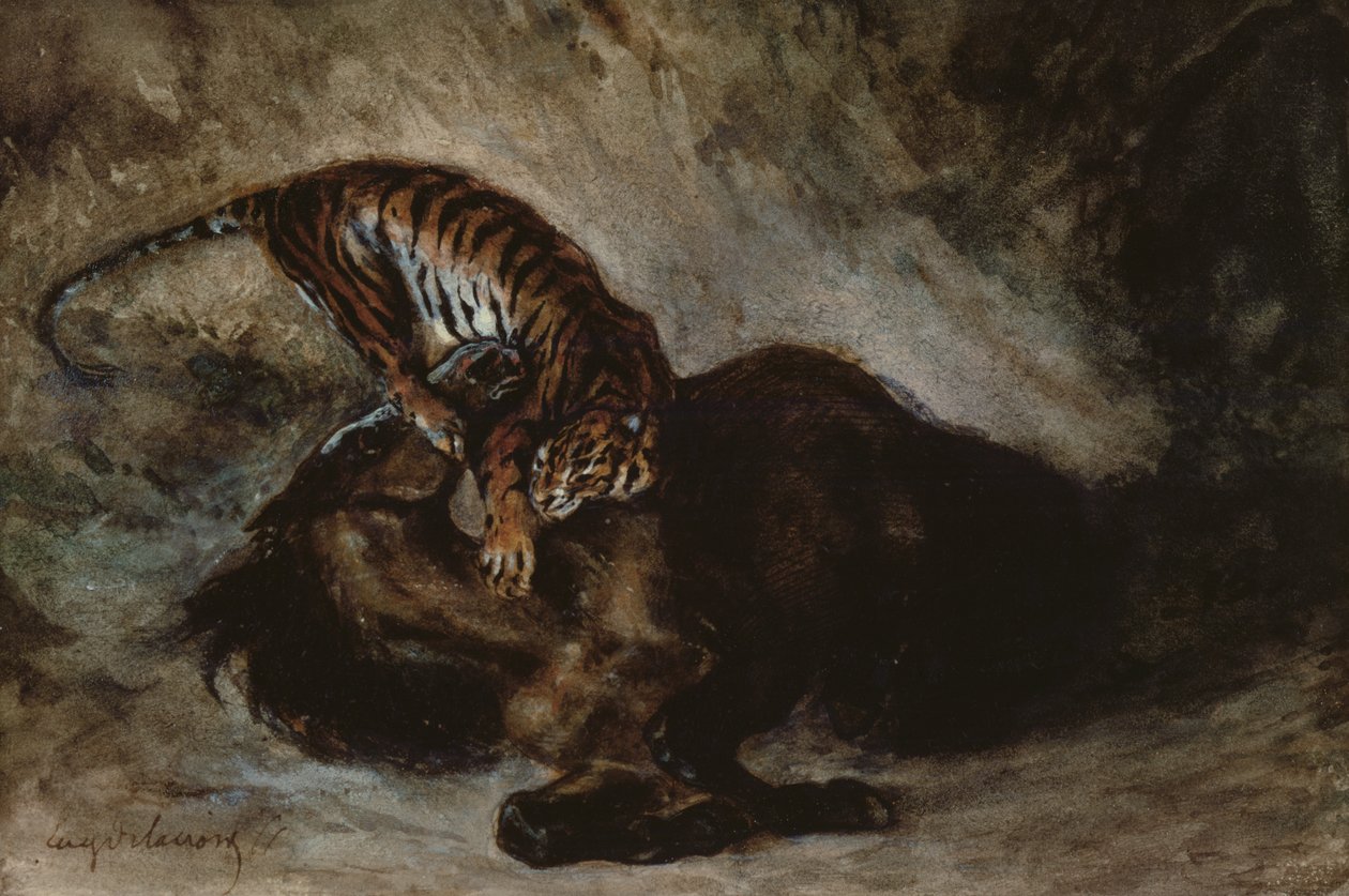Tiikeri hyökkää hevosen kimppuun (paperilla wc) tekijältä Ferdinand Victor Eugene Delacroix