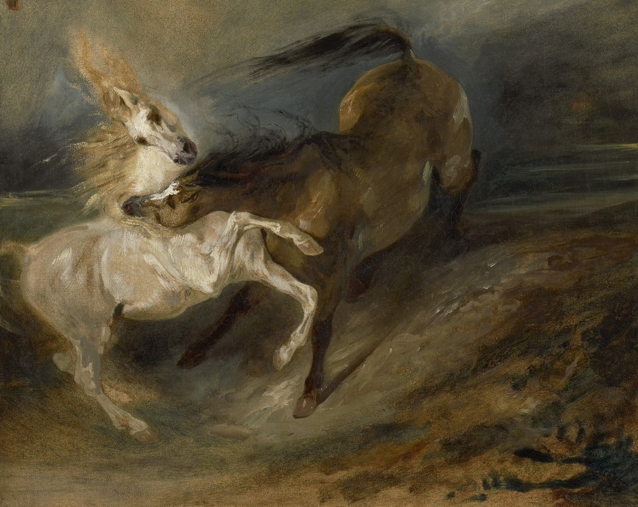 Kaksi hevosta taistelevat myrskyisessä maisemassa, n. 1828 tekijältä Ferdinand Victor Eugene Delacroix