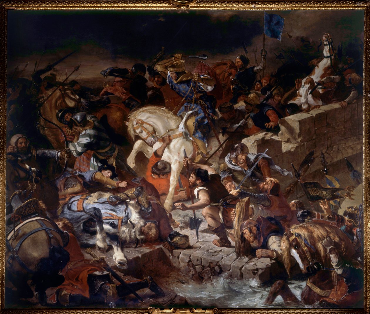 Näkymä Taillebourgin taistelusta, jonka kuningas Saint Louis voitti 21. heinäkuuta 1242. Taistelu Ranskan kuninkaan Saint Louisin Kapetian joukkojen ja heidän vasallinsa kapinoiden, Englannin Henrik III:n ja Lusignanin Hugh X:n välillä. Eugene Delacroix