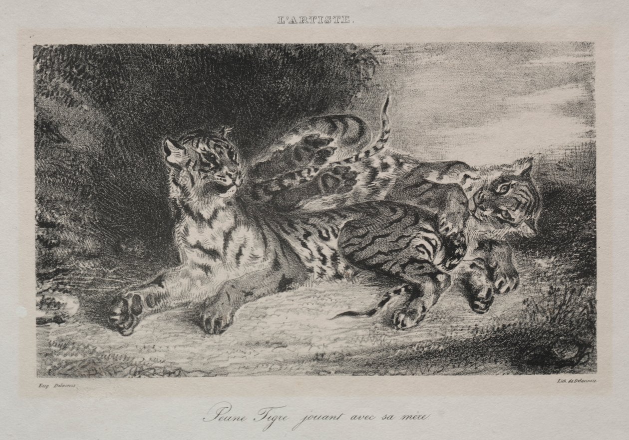 Nuori tiikeri leikkii äitinsä kanssa, 1831. tekijältä Ferdinand Victor Eugene Delacroix