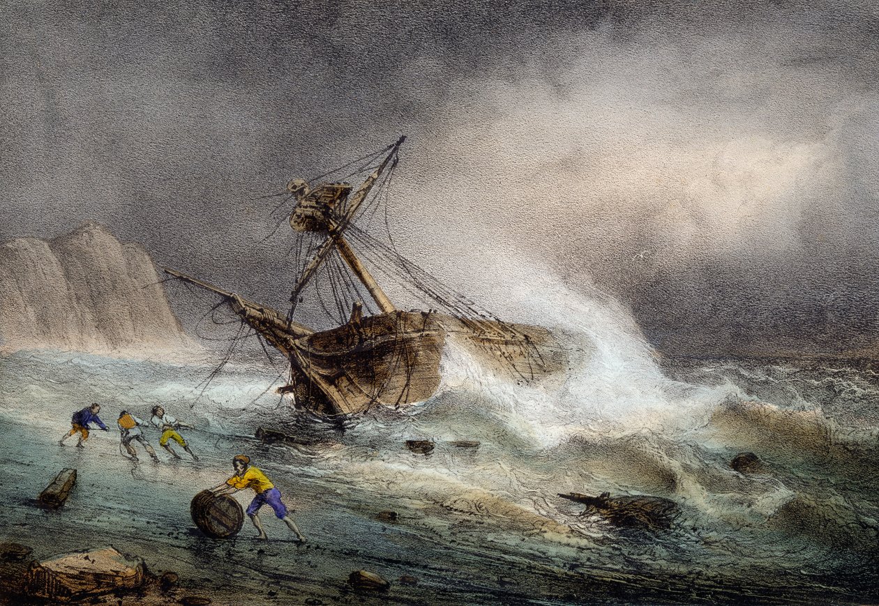 Brigantine stranded, värilitografia Ferdinand Perrot tekijältä Ferdinand Victor Perrot