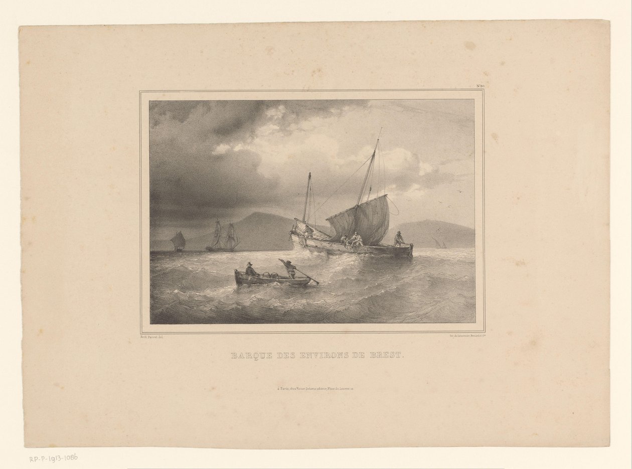 Kiertynyt brigi korkeiden aaltojen välissä Brick a la côte (otsikko esineessä) Naval Studies, Ferdinand Victor Perrot (sarjan nimi) tekijältä Ferdinand Victor Perrot