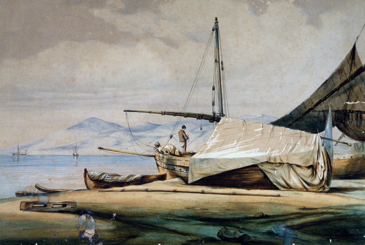 Leudi, Ligurian kalastusvene, värilitografia Ferdinand Perrot tekijältä Ferdinand Victor Perrot