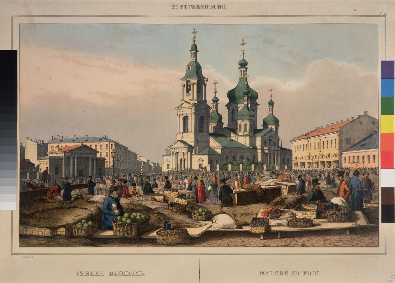 Heinätori ja Jumalanäidin taivaaseenastumisen katedraali Pietarissa. Ferdinand Victor Perrotin (1808-1841) työ, litografia ja akvarelli paperille tekijältä Ferdinand Victor Perrot