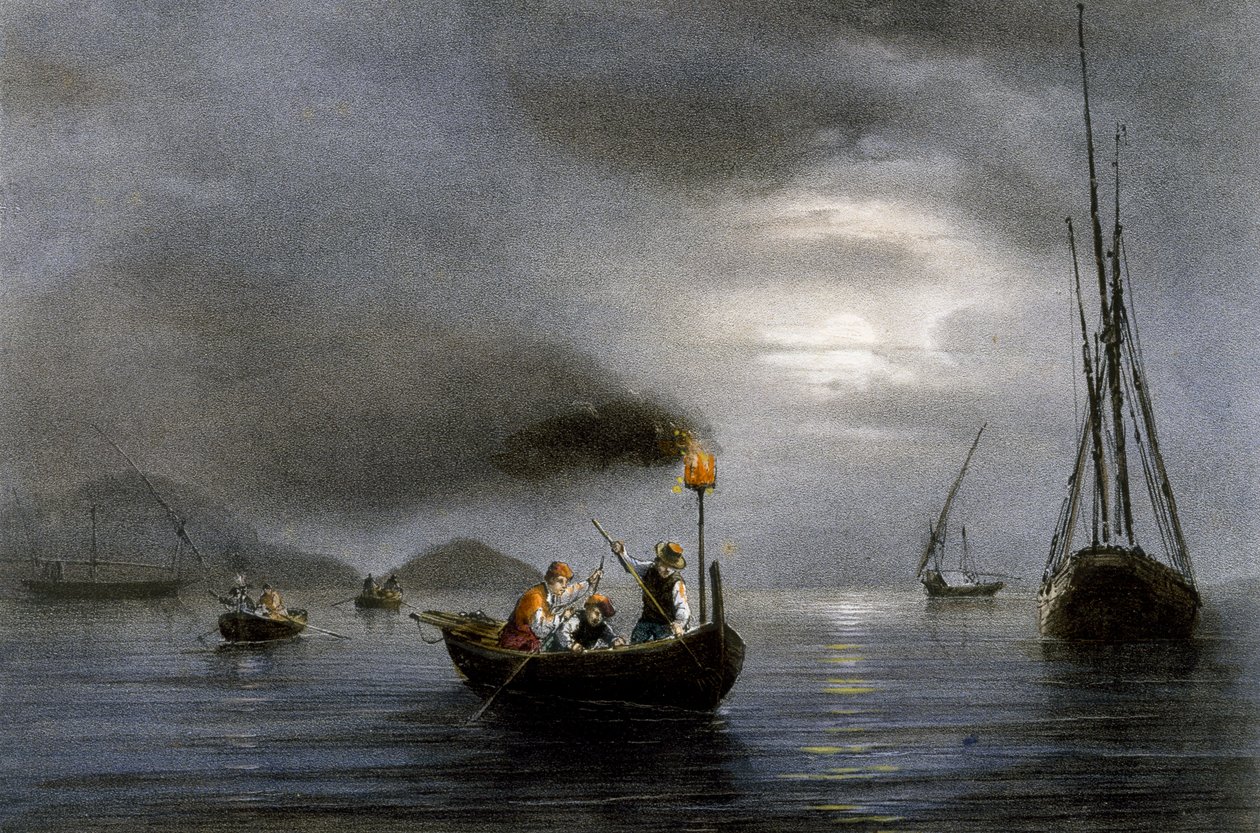 Yökalastus kalalampulla, Ferdinand Perrotin värillinen litografia (1808-1841) tekijältä Ferdinand Victor Perrot
