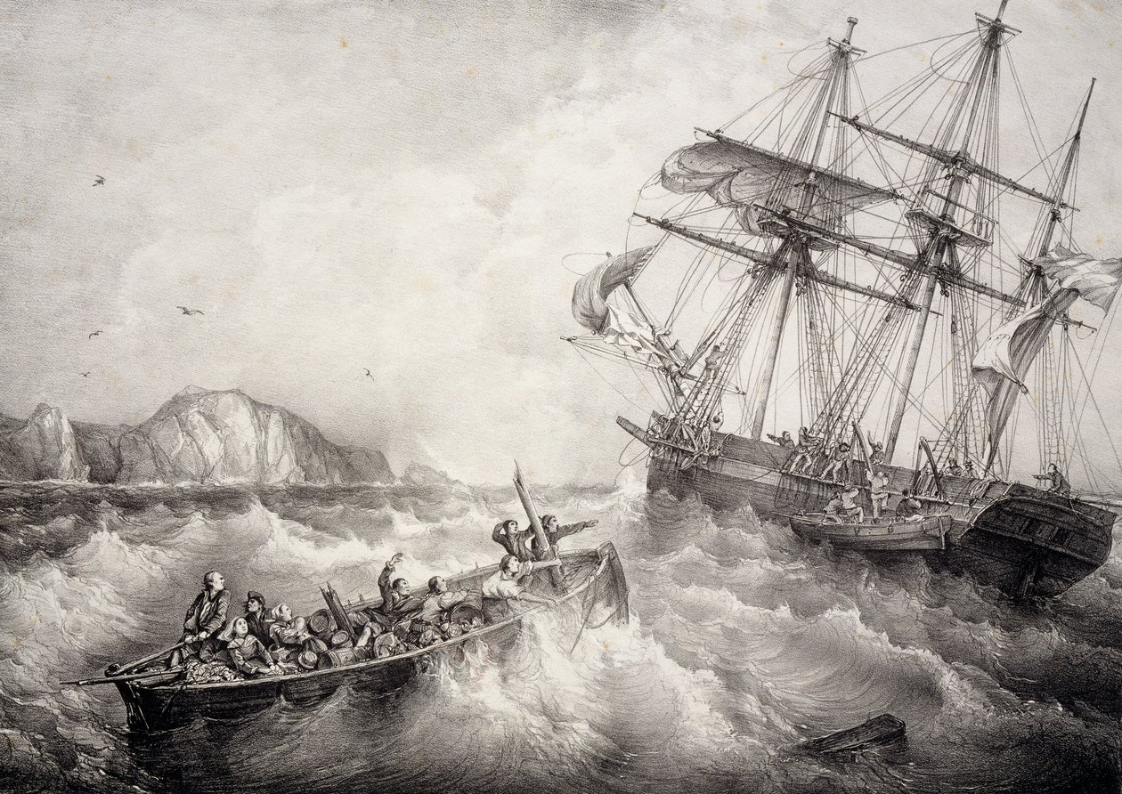 Bretonin kalastusaluksen miehistön pelastus ruotsalaisella Le Neptune -aluksella, Litografia Ferdinand Perrot tekijältä Ferdinand Victor Perrot