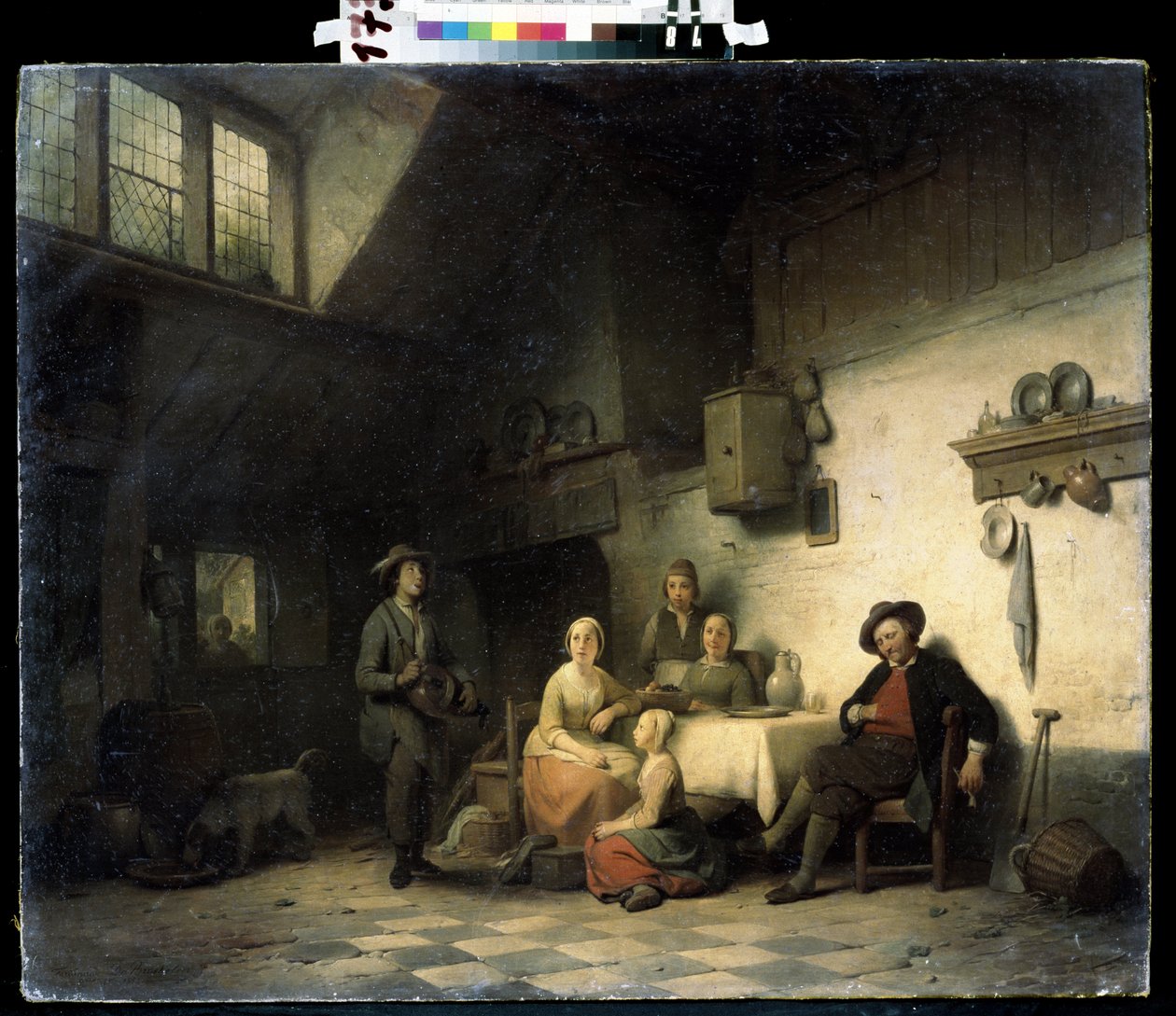 ""Le concert prive"" (Kotikonsertti) Belgiaan vaatimattomaan sisätilaan kokoontunut perhe kuuntelee muusikkoa soittamassa hurdy-gurdya. Ferdinand de Braekeleer vanhemman (1792-1883) maalaus 1800-luvun Mihail Kroshitskyn taidemuseo, Sevastopol (Se tekijältä Ferdinand de Braekeleer