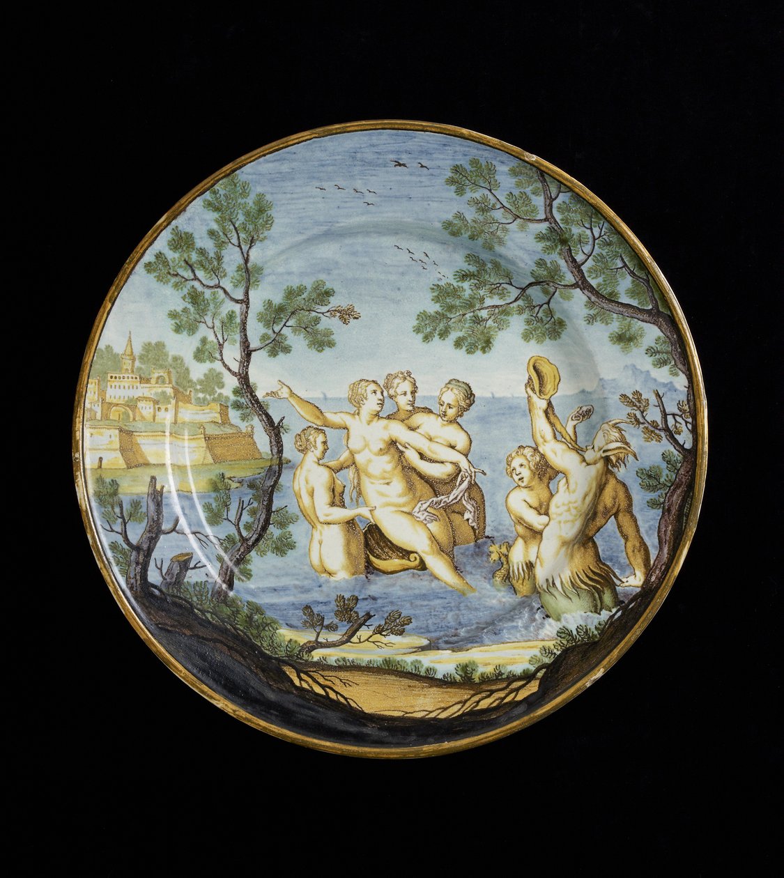 Lauta amfitriitillä ja nymfillä, n. 1730 - 1750 (tinalasitettu keramiikka, maiolica) tekijältä Ferdinando Maria Campani