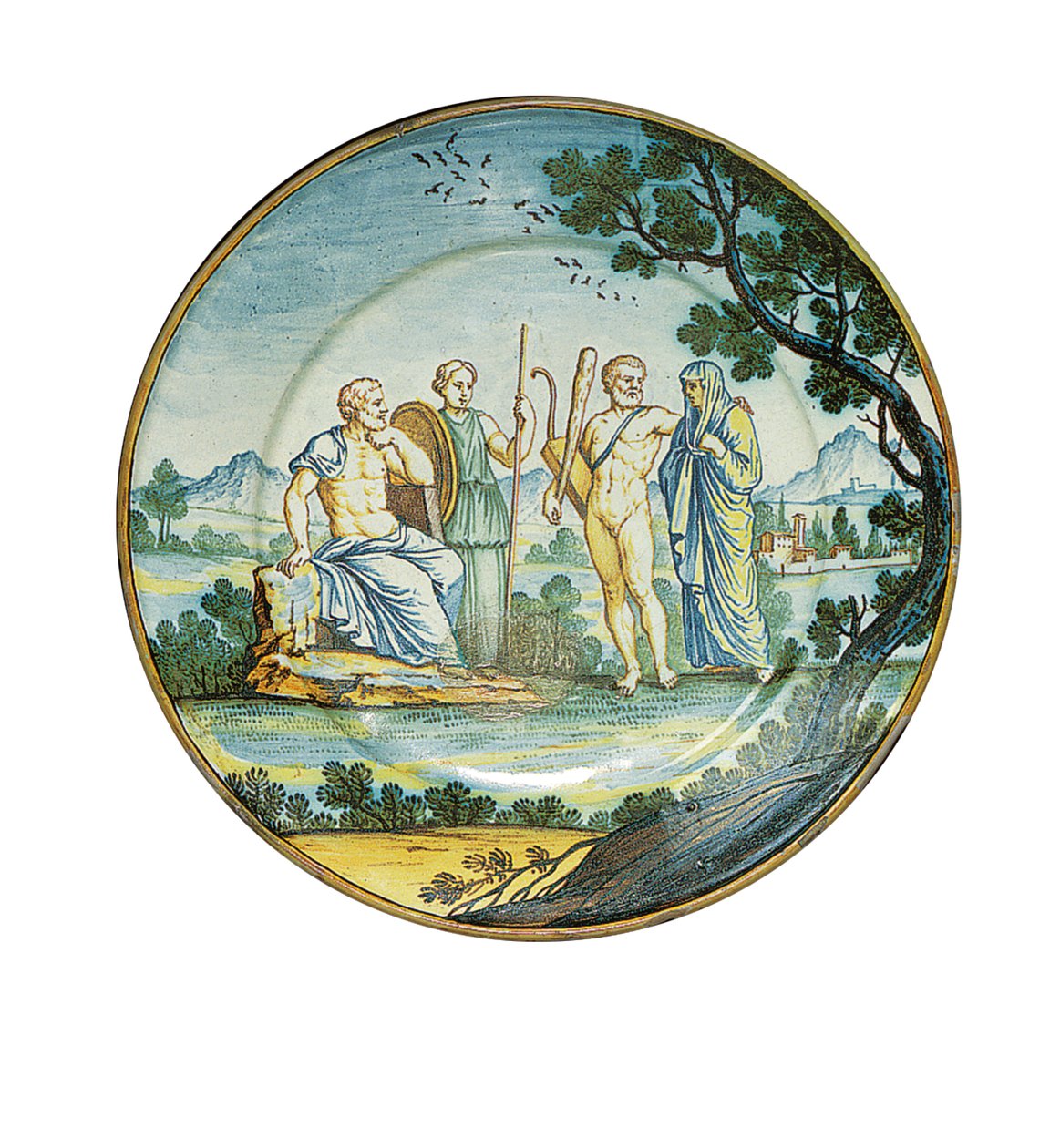 Sienan lautanen, jossa Hercules tuo Alcestiksen kuningas Admetuksen eteen, n. 1745 tekijältä Ferdinando Maria Campani