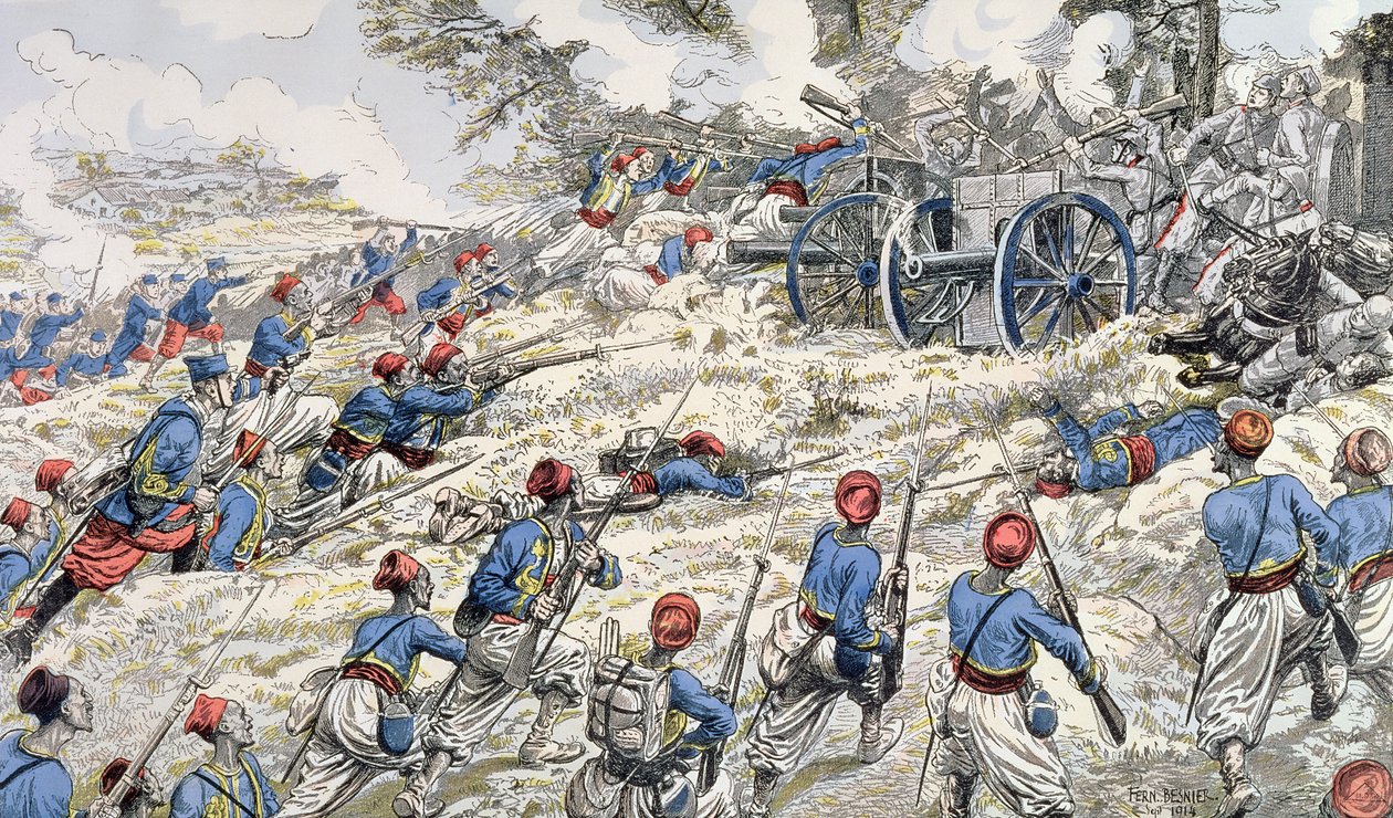 Ranskan armeijan algerialaiset kiväärit hyökkäsivät saksalaisten aseiden kimppuun Marnen taistelun aikana vuonna 1918 tekijältä Fernand Auguste Besnier