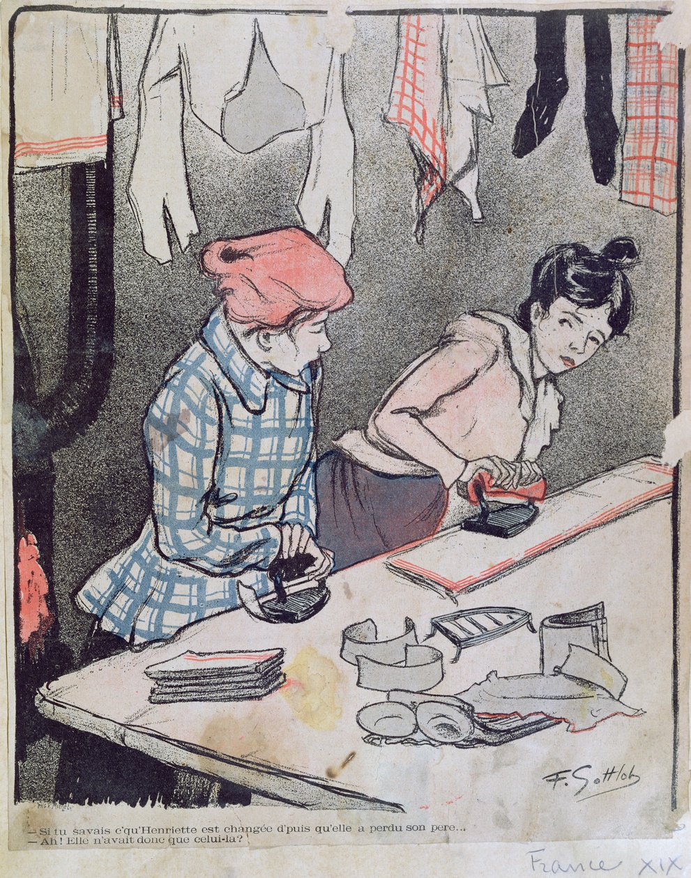 Karikatyyri, joka kuvaa kahta pesinnaista juoruilemassa, 1800-luvun lopulla tekijältä Fernand Louis Gottlob