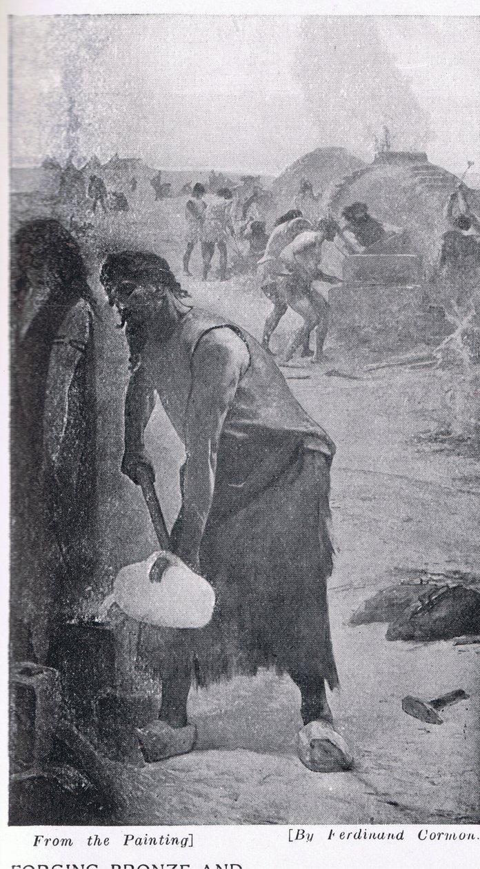 Pronssin ja raudan taonta, kuvitus "Hutchinsonin kansojen historiasta", n. 1910 tekijältä Fernand Cormon