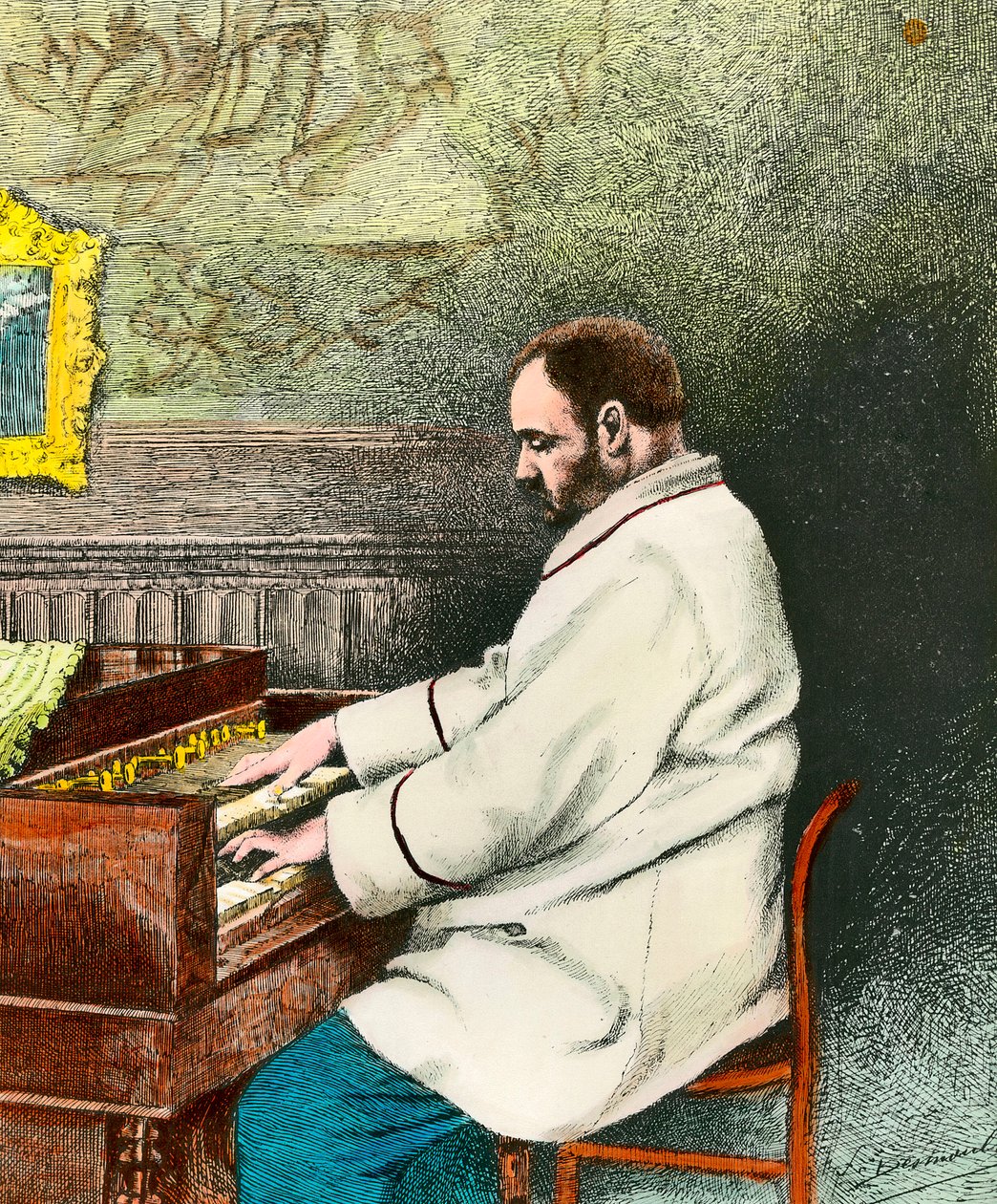 Muotokuva Emile Zolasta (1840-1902), joka soittaa urkuja. Desmoulinin kaiverrus (1800-luku). Coll. Mene ulos. tekijältä Fernand Desmoulin