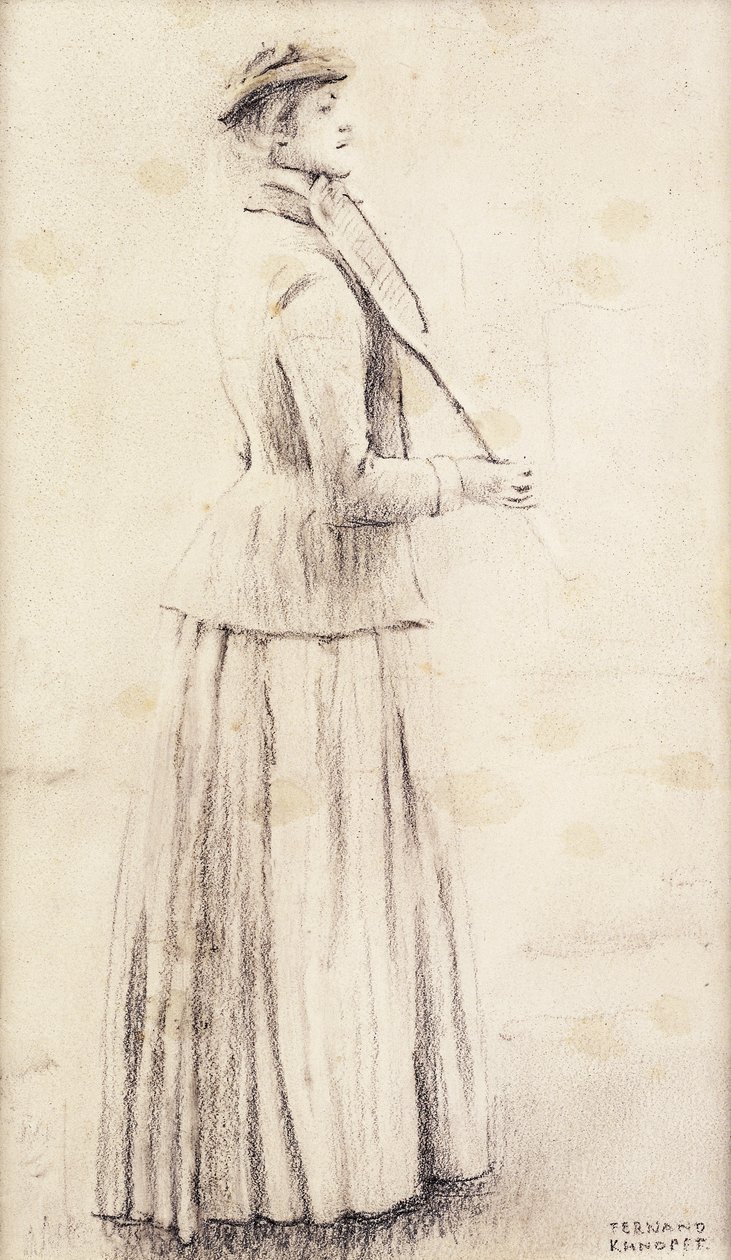 Tennispelaaja; Tutkimus "Muistoille"; Tennispelaaja; tai Du Lawn Tennis; Tutkimus "Memories" Tennisspeelster; Tutkimus "Muistoille", n. 1887 tekijältä Fernand Khnopff