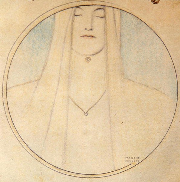 Naisen pää (pastelli paperille) tekijältä Fernand Khnopff