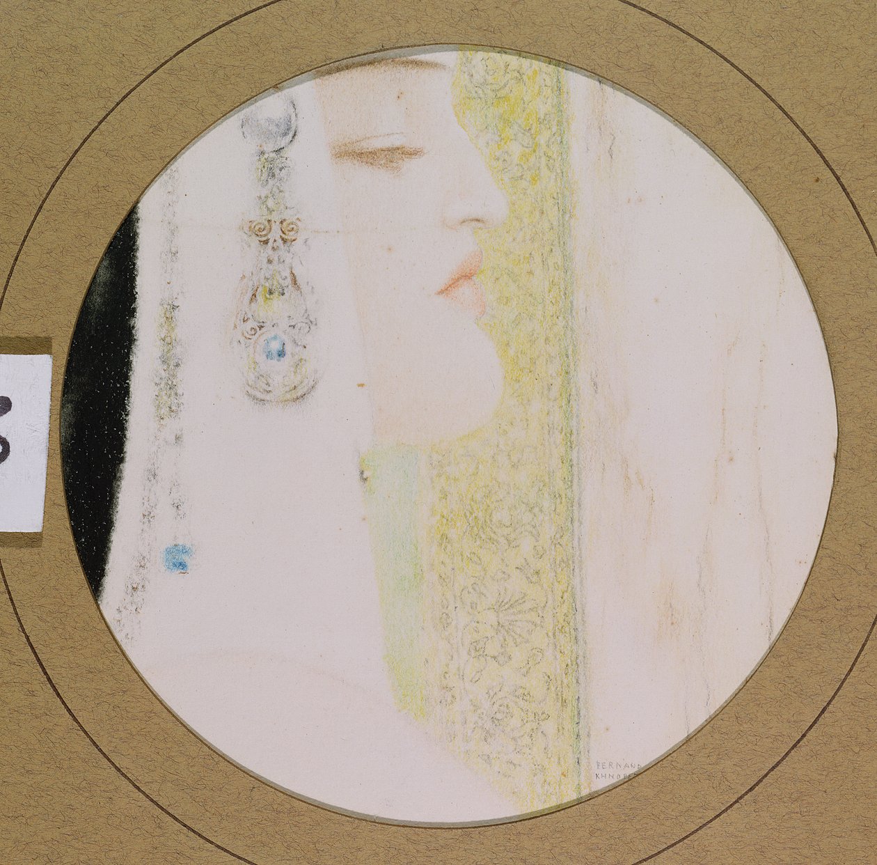 Naisen pää, n. 1908 (pastelli paperille) tekijältä Fernand Khnopff