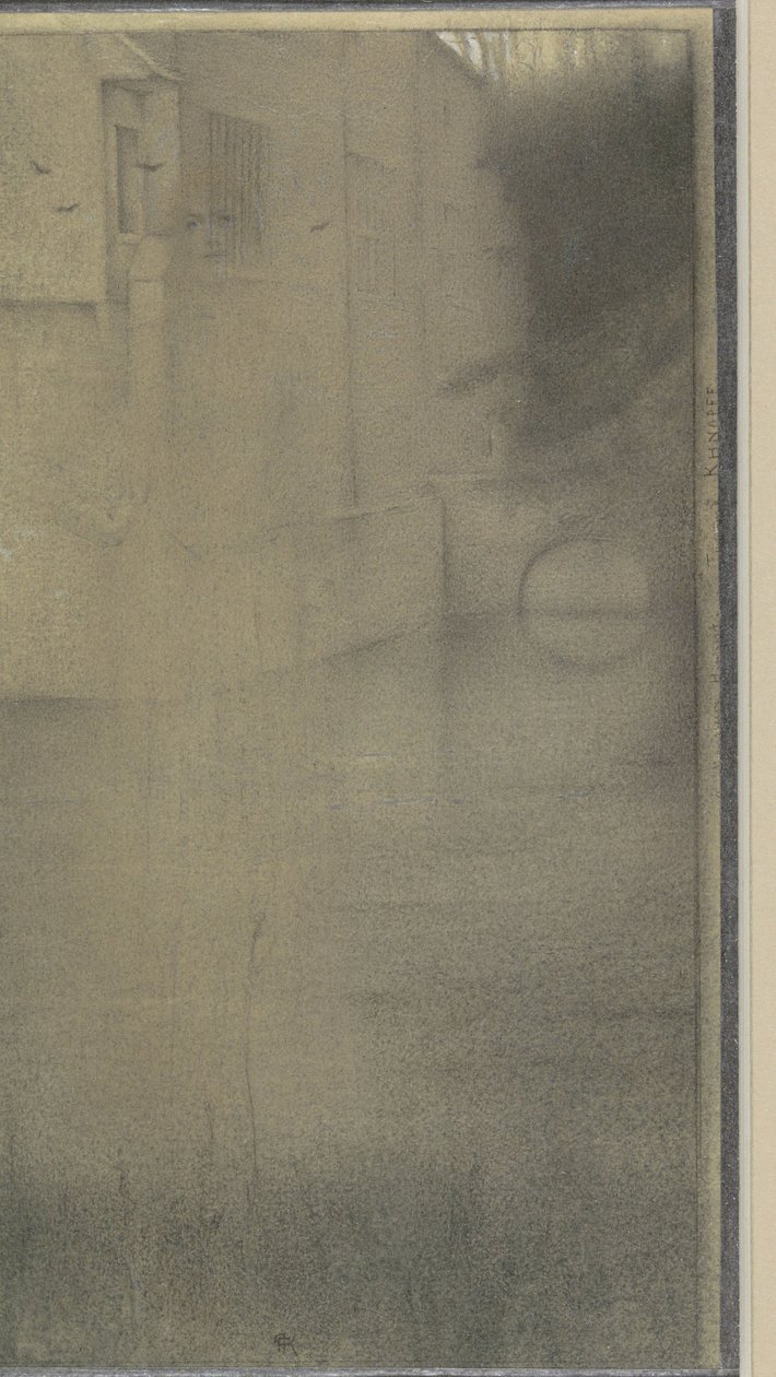 Naisen varjo veden ympäröimän talon edessä tekijältä Fernand Khnopff