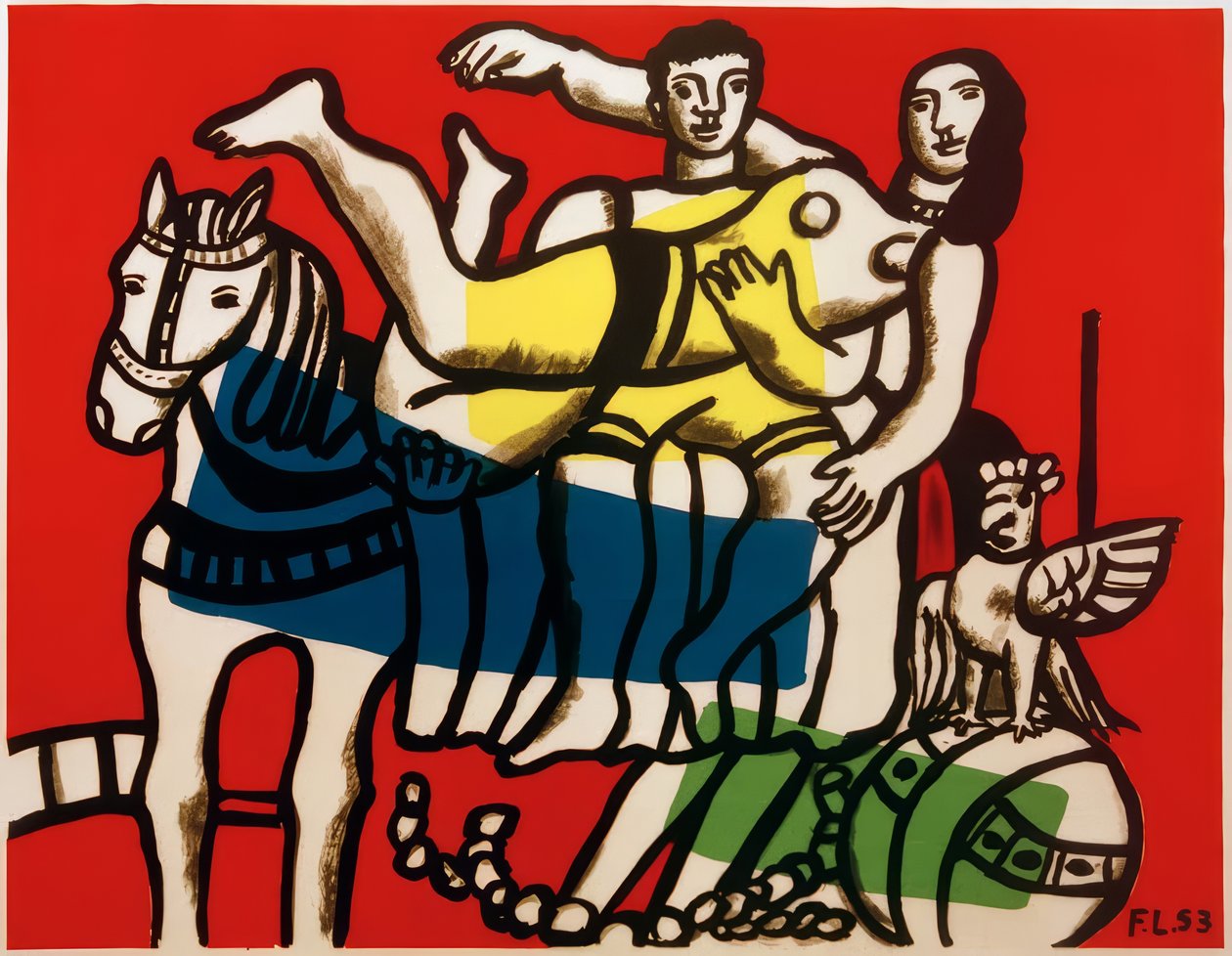 Sirkus, artistit voltigeeraamassa valkoisella hevosella tekijältä Fernand Leger