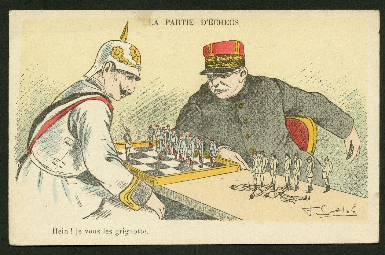 Postikortti, satiirinen väreissä: Hein! I Snack You - Sota 14-18, Saksa Preussi - William II, Joffre, Soldiers Kuva Gottlob (1873-1935) tekijältä Fernand Louis Gottlob