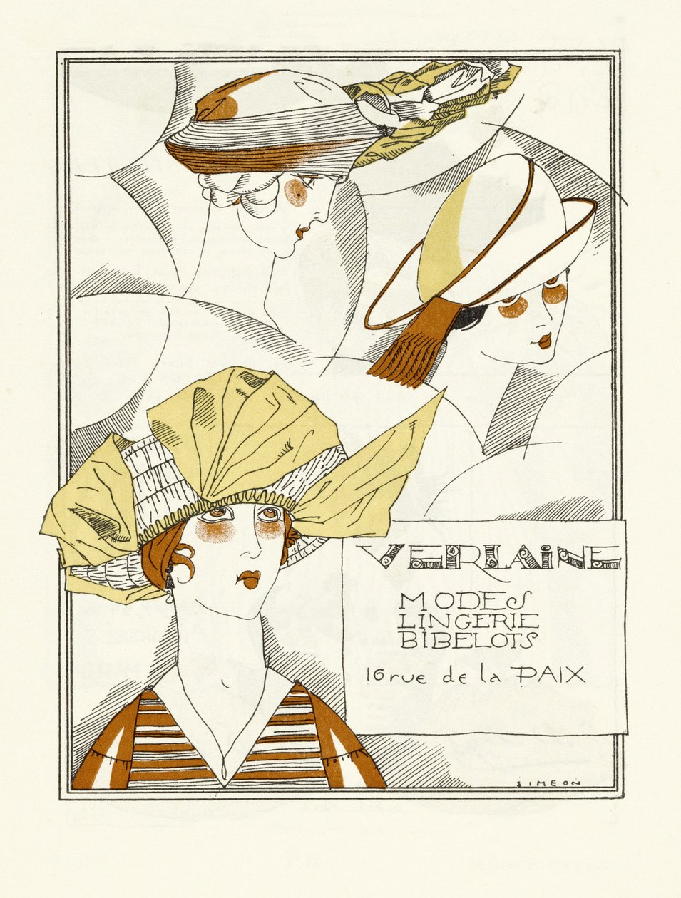 Mainos Verlaine, Modes, Lingerie, Bibelots, pub. 1914 (pochoir-painatus) tekijältä Fernand Siméon
